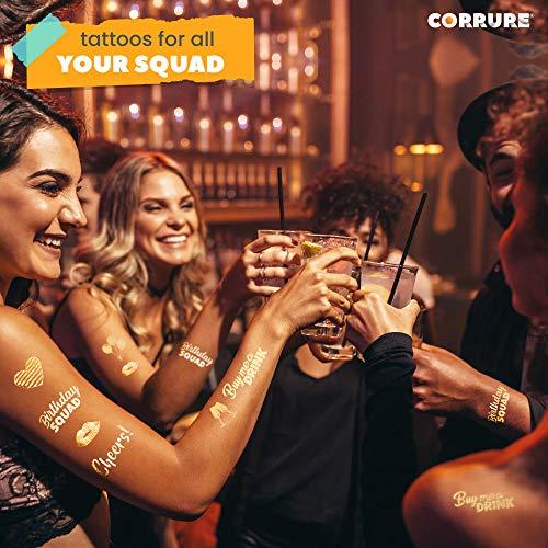CORRURE CORRURE 48pcs Birthday Tattoos - Gold Temporary Tattoos Metallic for Women and Men - Happy Birthday Squad Tattoos for Girls, 18th 21st 25th 30th or Any Adult Bday - 11 Flash Party Tattoos