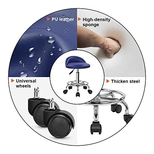KKTONER KKTONER PU Leather Round Rolling Stool with Foot Rest Height Adjustable Swivel Drafting Work SPA Task Chair with Wheels (Blue)