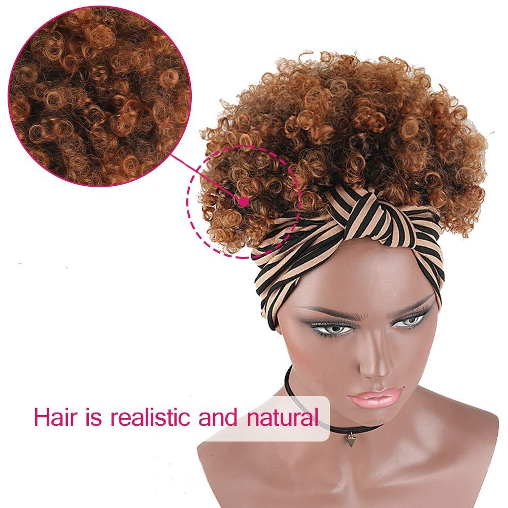 KRSI KRSI Afro Puff Faux Hair Bun Wigs with Soft Calico Pattern Headband Wigs for Black Women Cute Brown Wigs, Afro Kinky Curly Wig with Headband Attached Ponytail Wigs for Black Women(1B/30)