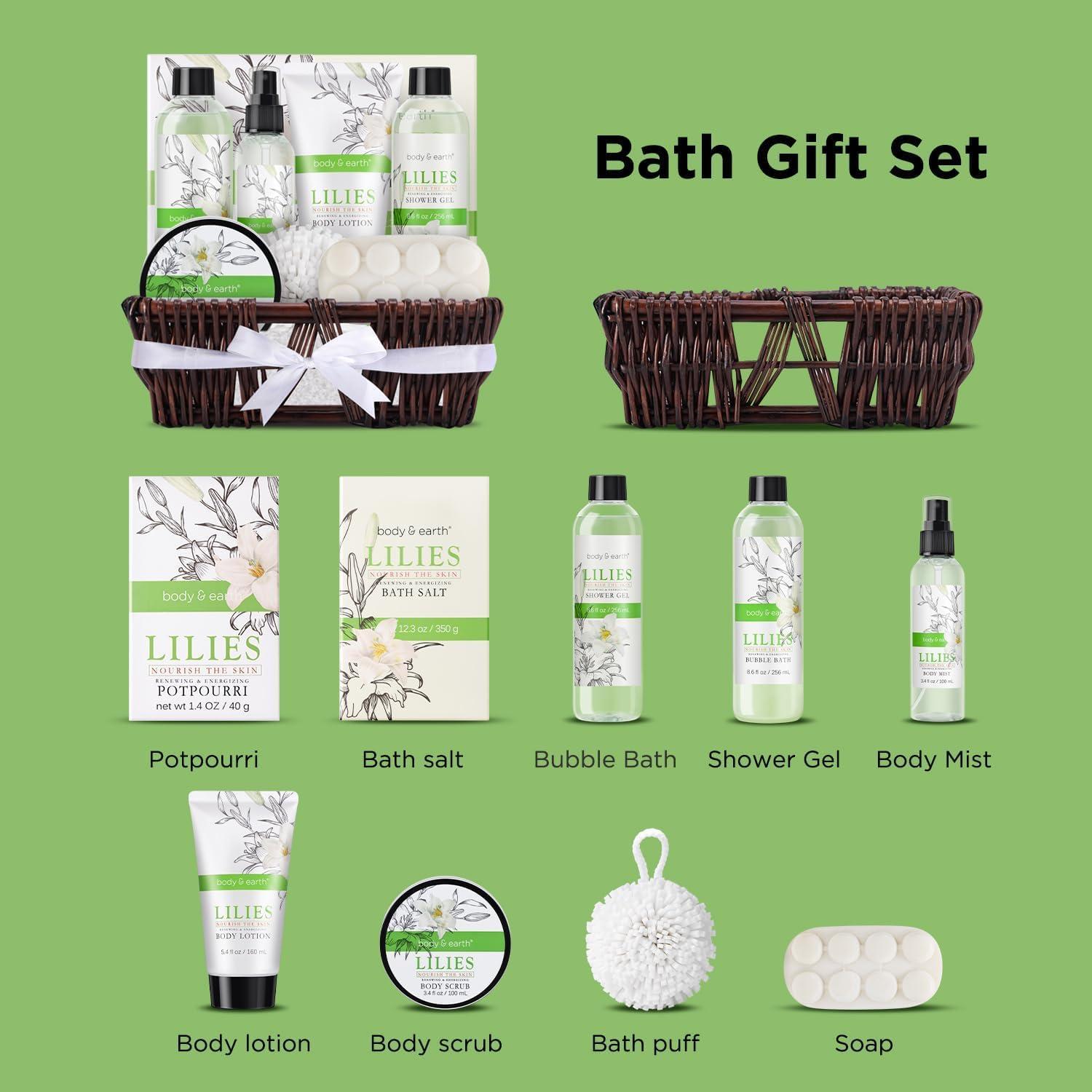 BODY & EARTH Spa Gift Baskets For Women Body & Earth 10pcs Spa Gifts For Women, Lily Gift Baskets Bath and Body Works Gift Set For Women with Bubble Bath, Body Lotion, Christmas Gift Baskets for Women Bath Set
