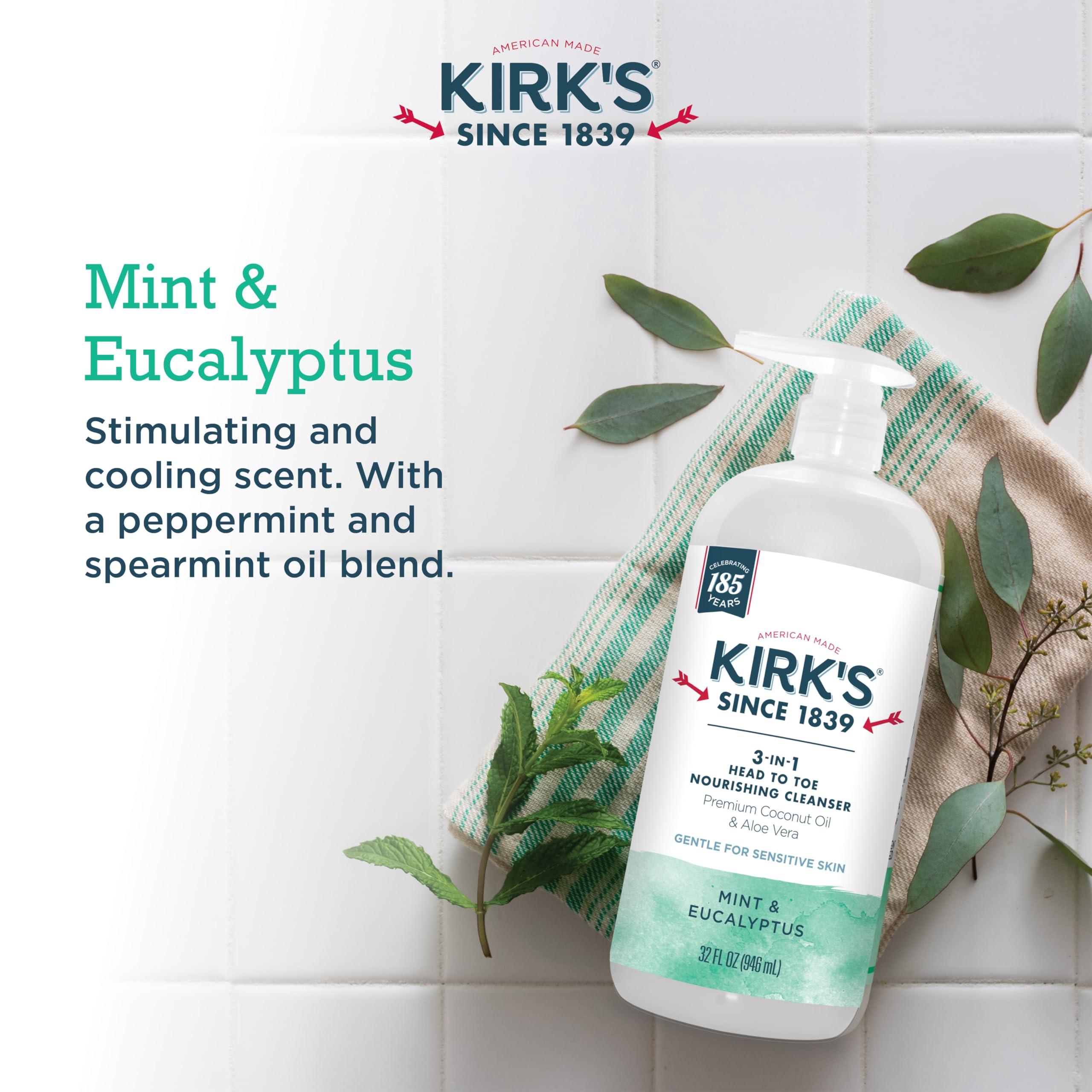 Kirk's Kirk\'s 3-in-1 Head to Toe Nourishing Liquid Cleanser & Travel Size Bar Soap - for Men, Women & Children - Premium Coconut Oil & Aloe Vera- Non GMO & Vegan -Mint & Eucalyptus - 32 Fl Oz