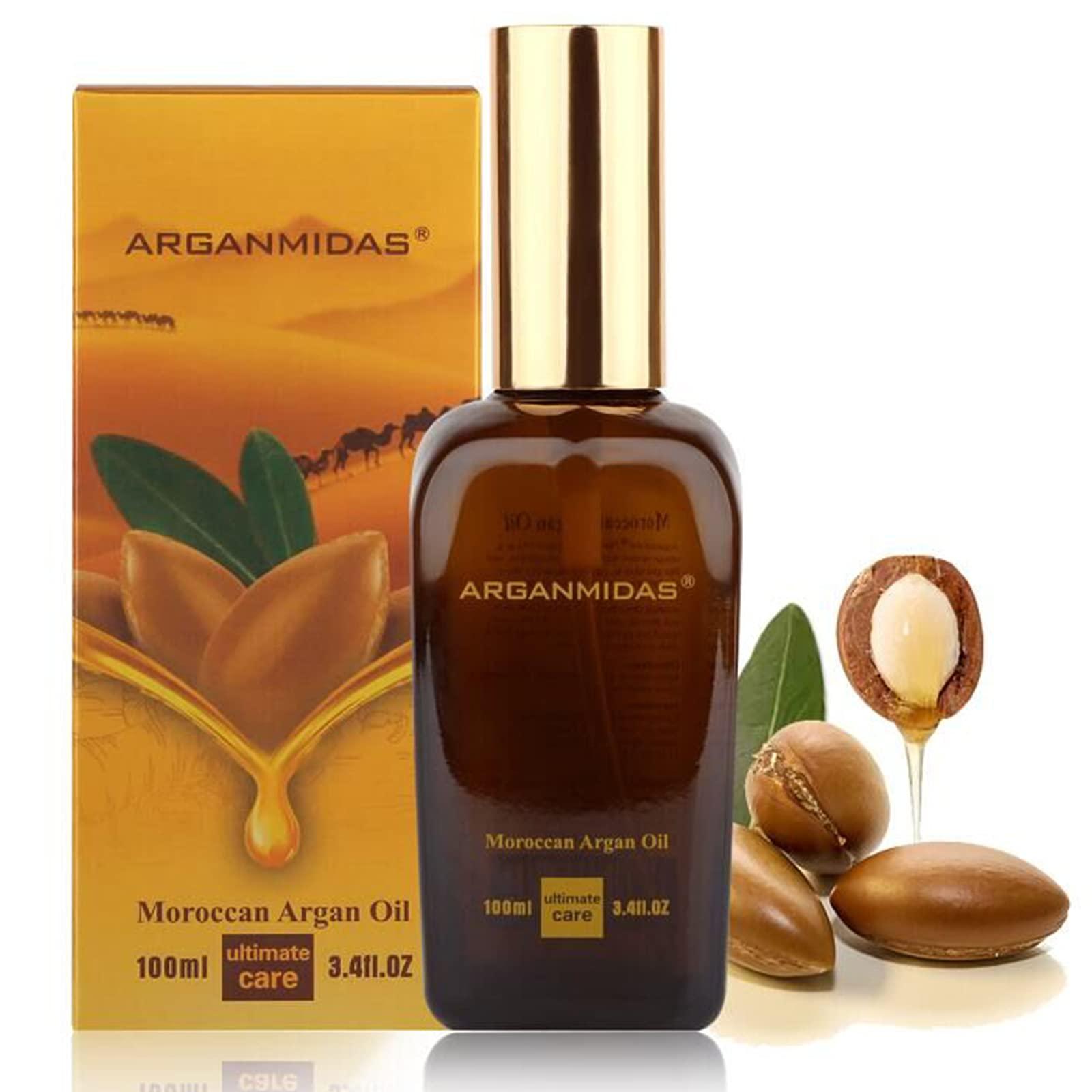 ARGANMIDAS ARGANMIDAS Hair Oils, Moroccan Argan Oil for Hair and Face Skin Moisturizer, Leave Hair Soft & Shiny, Hair Treatment oil for Men Women Dry Damaged Frizzy Hair, 3.4 Fl Oz