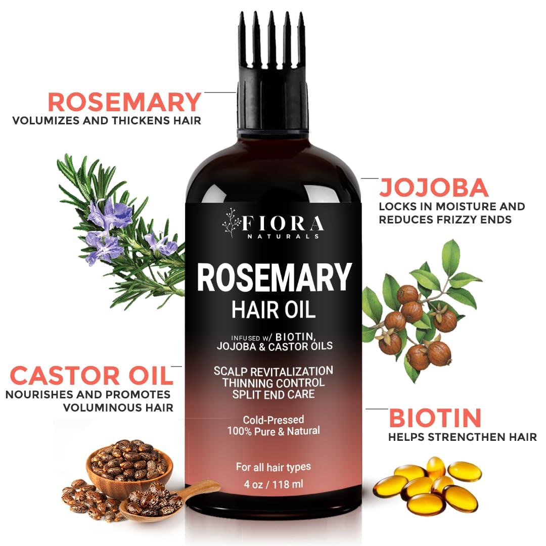 Fiora Naturals Rosemary Oil for Hair Growth with Castor Oil, Jojoba Oil, and Biotin - Natural Hair Strengthening Oil, Peppermint Essential Oil by Fiora Naturals - 100% Pure Peppermint Oil for Hair Growth, & Skin
