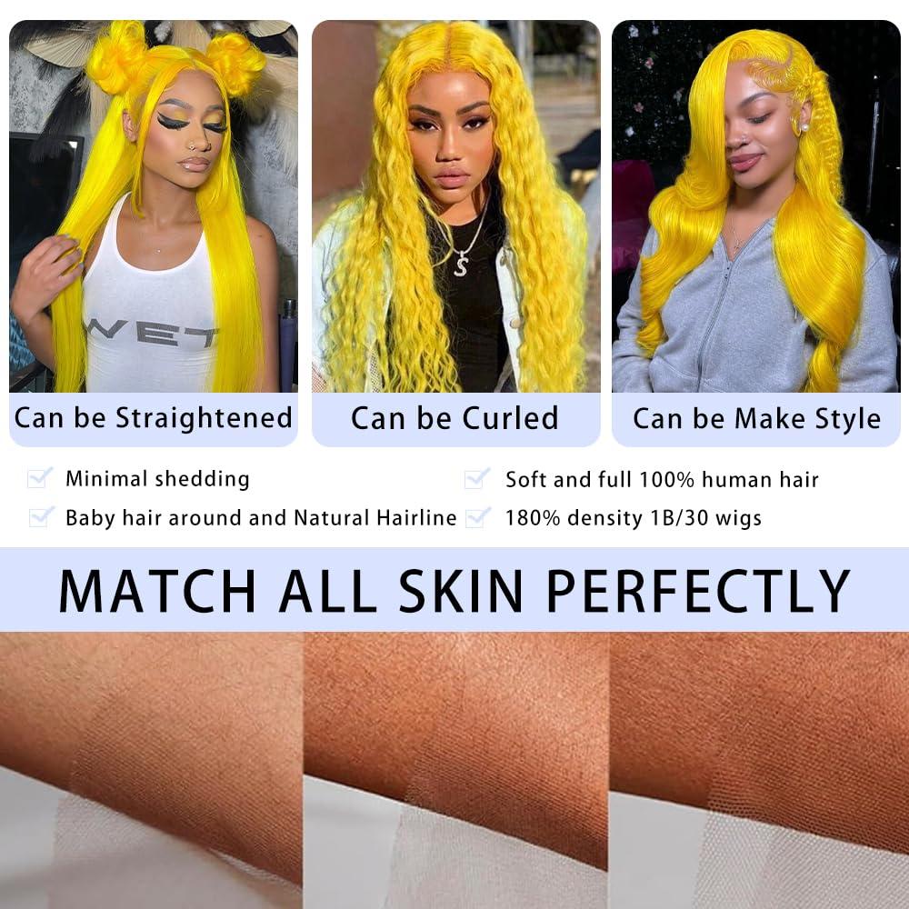 XIAPAY XIAPAY 30 Inch Yellow Lace Front Wig Human Hair Body Wave Lace Front Wigs Human Hair Pre Plucked Glueless Yellow Wig Human Hair 13x4 Colored Wigs Human Hair 180% Density HD Lace Frontal Wig
