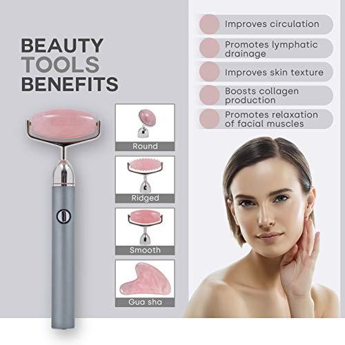 Mik Beauty Mik Beauty USB Rose Quartz Face Roller Massager - Vibrating Facial Roller and Gua Sha Set with Travel Bag - Jade Roller Kit for Eye, Neck, and Face