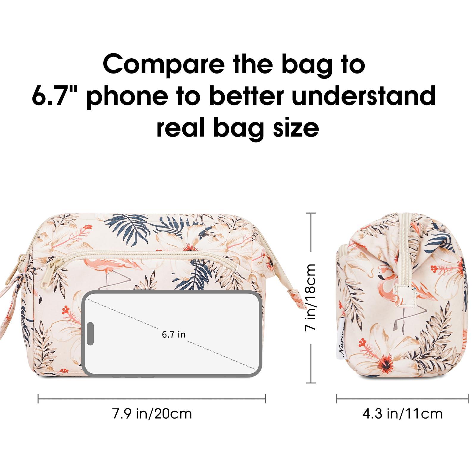 Narwey Narwey Large Women Makeup Bag Wide-open Make up Bag Travel Cosmetic Organizer Toiletry Bag for Cosmetics Toiletries Accessories (Beige Flamingo)