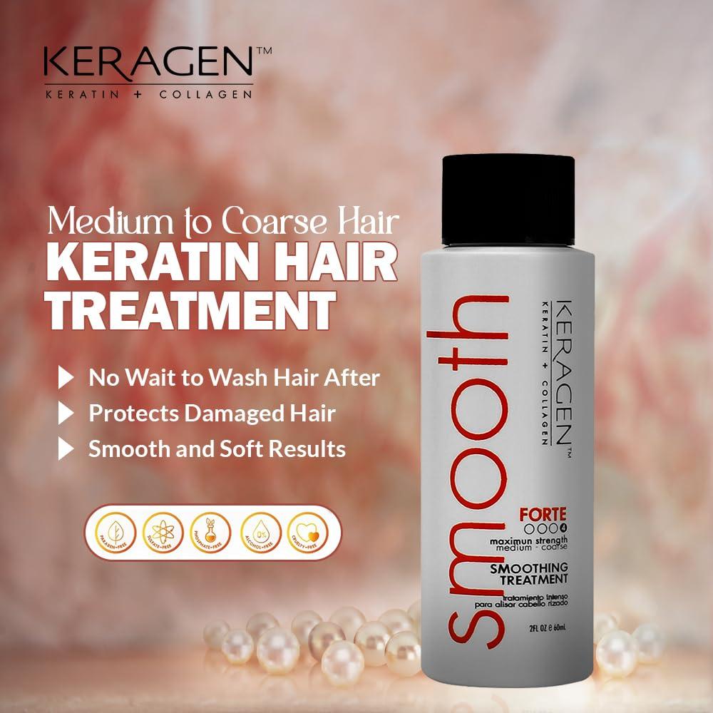 KERAGEN KERAGEN - Brazilian Keratin Smoothing Treatment, Blowout Straightening System for Dry and Damaged Hair - Forte, Sulfate Free - Eliminates Curls and Frizz, Medium to Coarse Hair (2 Oz)