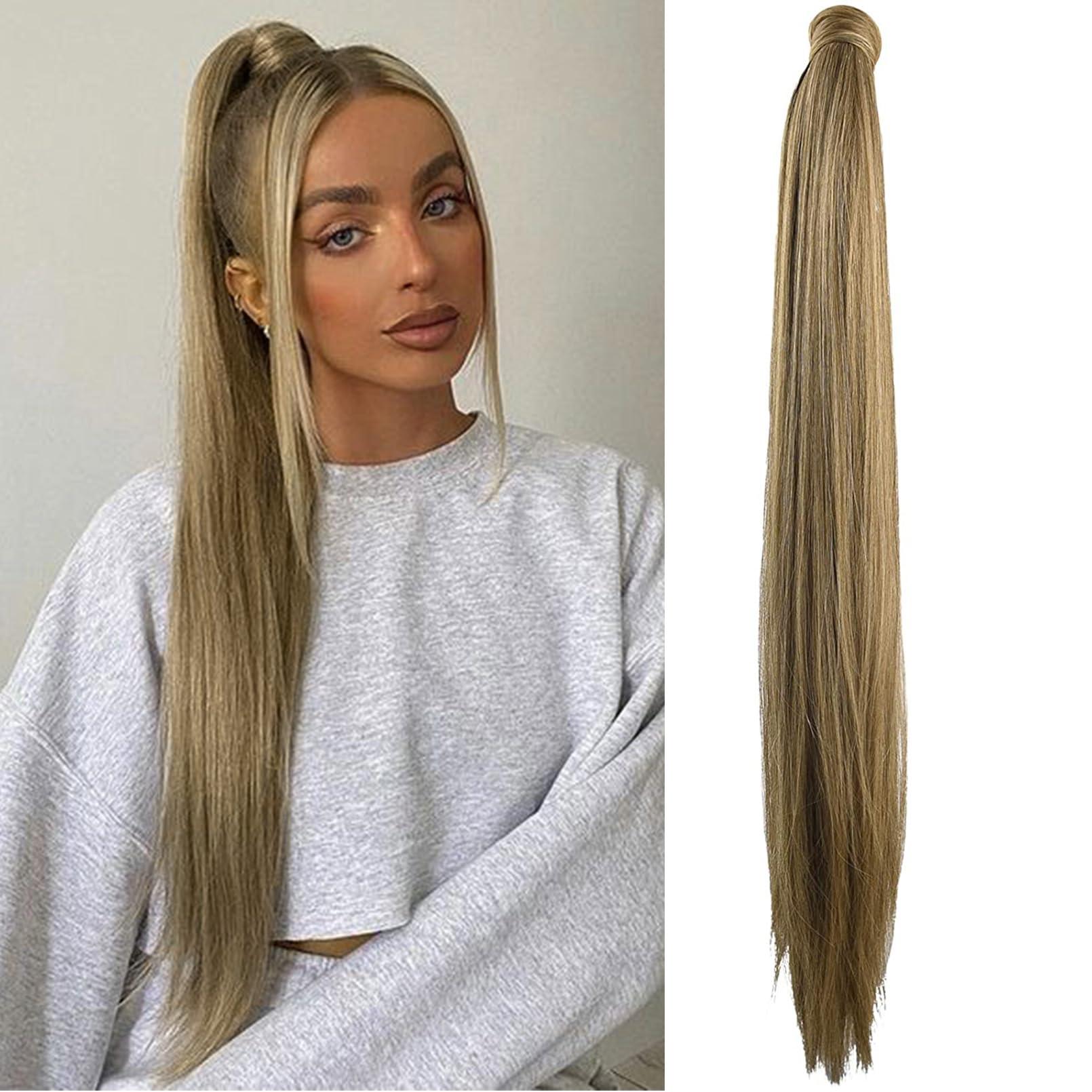 SEIKEA SEIKEA 28 Inch Clip in Ponytail Extension Wrap Around Long Straight Pony Tail Hair Synthetic Hairpiece for Women Color Ash Blonde with Golden Blonde