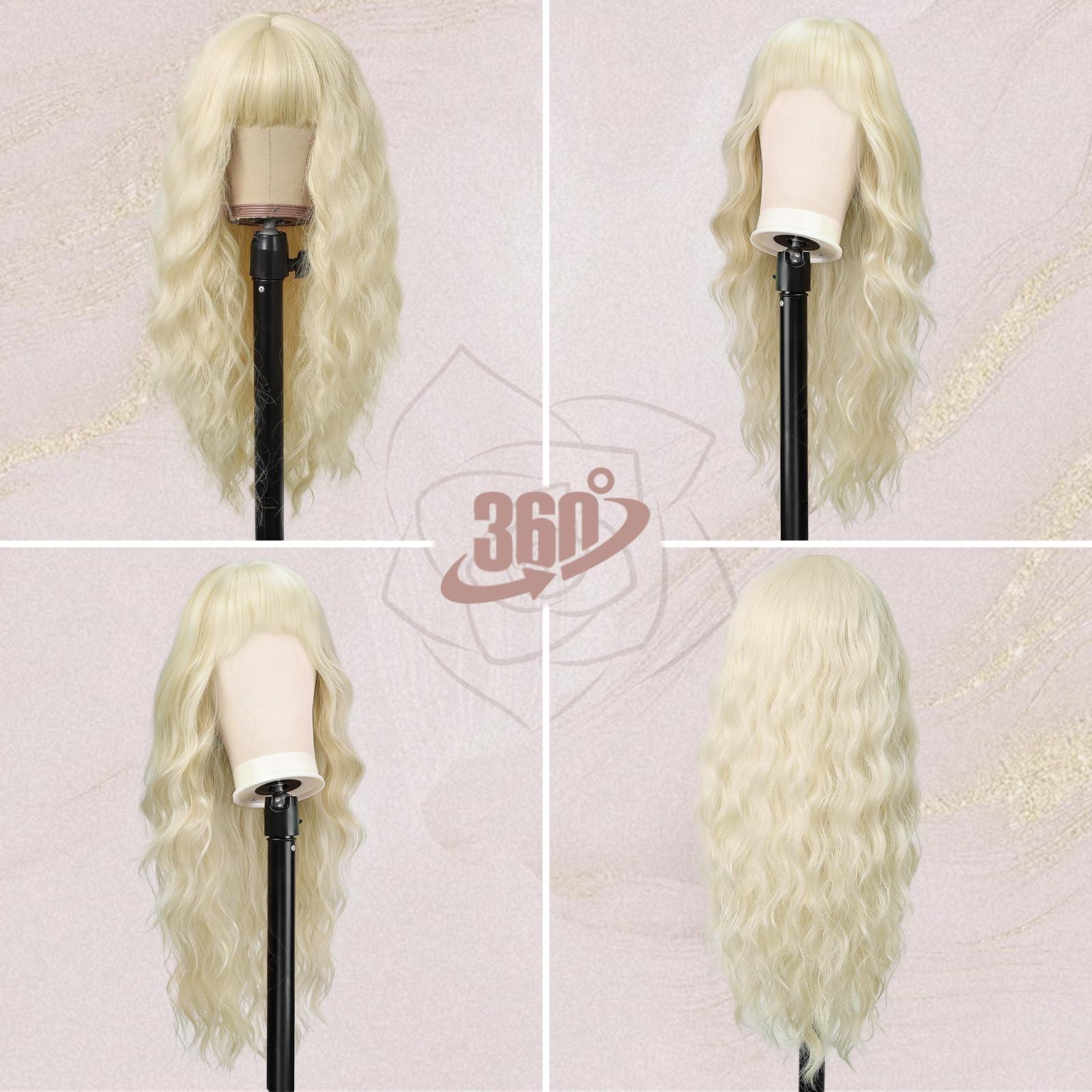 BARSDAR BARSDAR Long Platinum Blonde Wigs With Bangs - 26 Inch Long Wavy Wig With Bangs for Women - Natural Looking Synthetic Hair Daenerys Wigs Daily Cosplay Halloween Wigs - Platinum Blonde