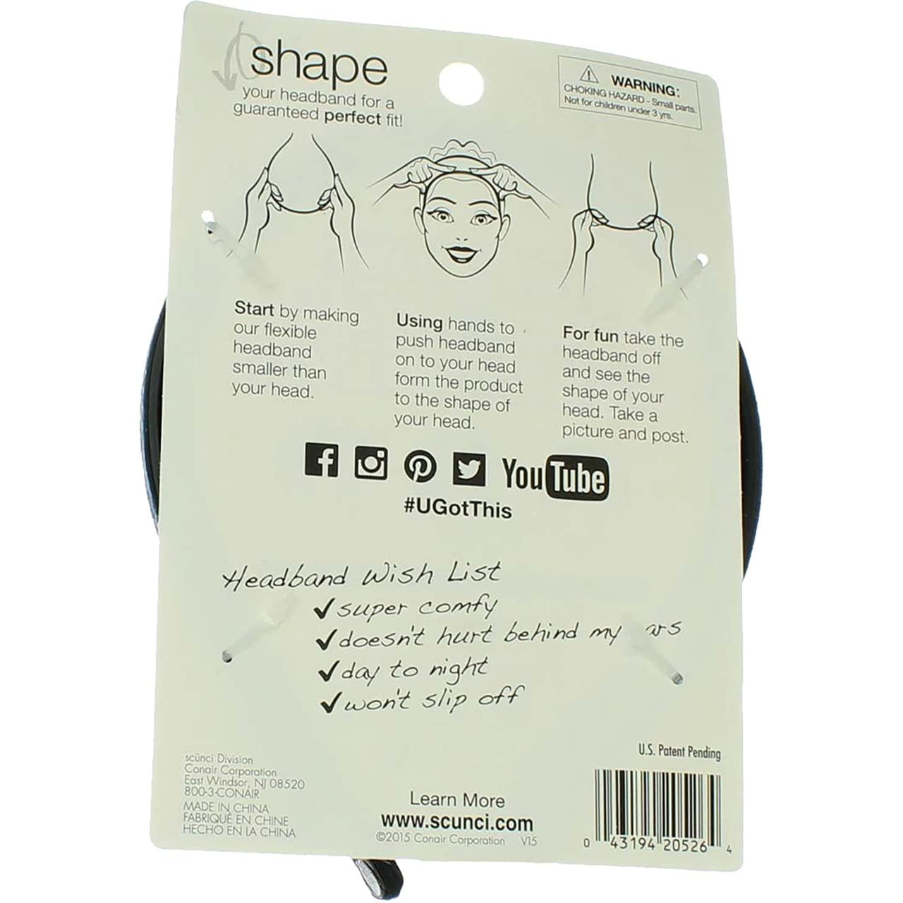 Scunci Scunci The Most Comfortable Headband Ever, Flexible No-Slip Grip, 2-pcs per Pack in Assorted Colors (1-Pack)