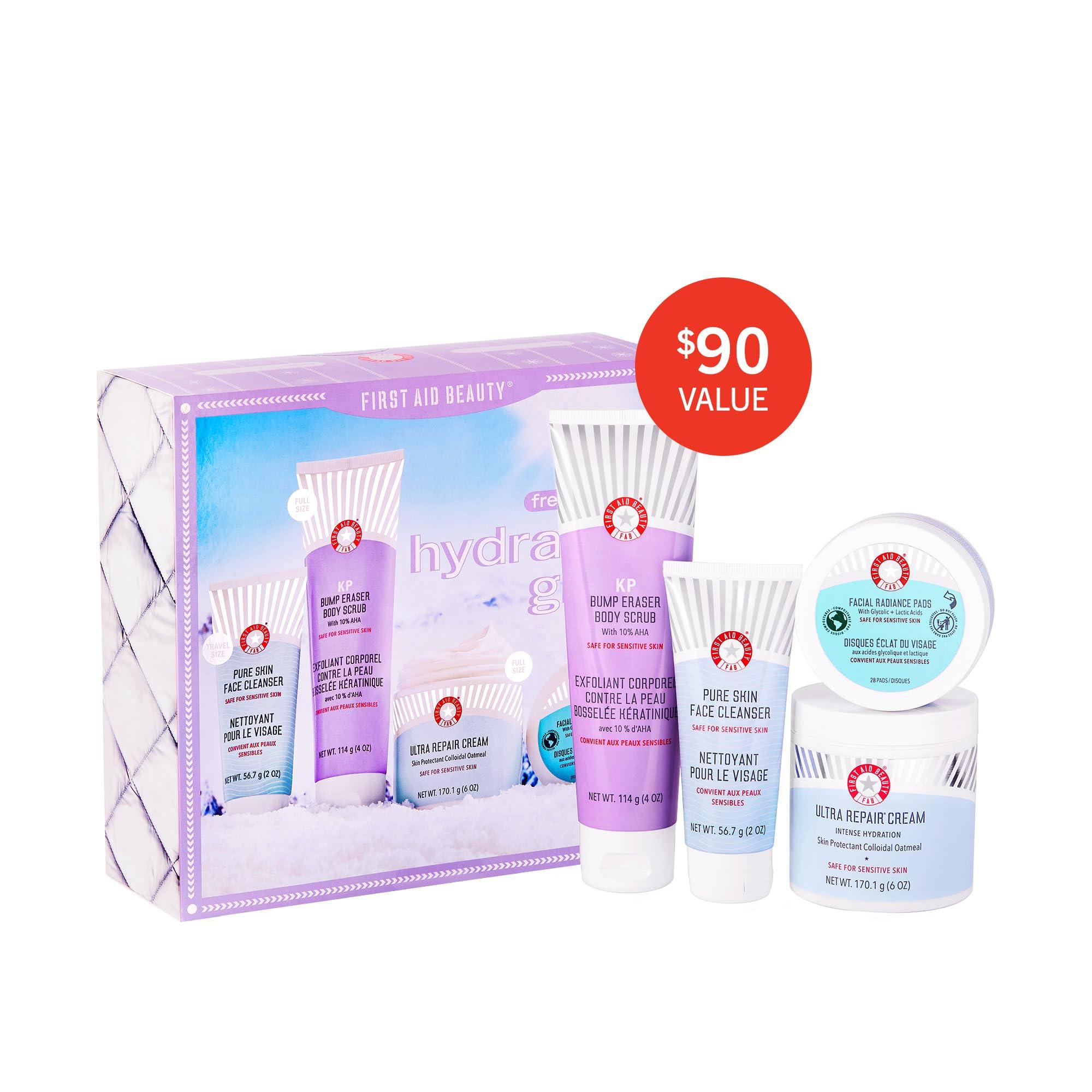 First Aid Beauty First Aid Beauty - Hydrated Glow Kit: KP Bump Eraser Body Scrub, 4 oz, Facial Radiance Pads, 28 Pads, Pure Skin Face Cleanser, 2 oz, & Ultra Repair Cream, 6oz, Hydration and Exfoliation Treatment, 4ct