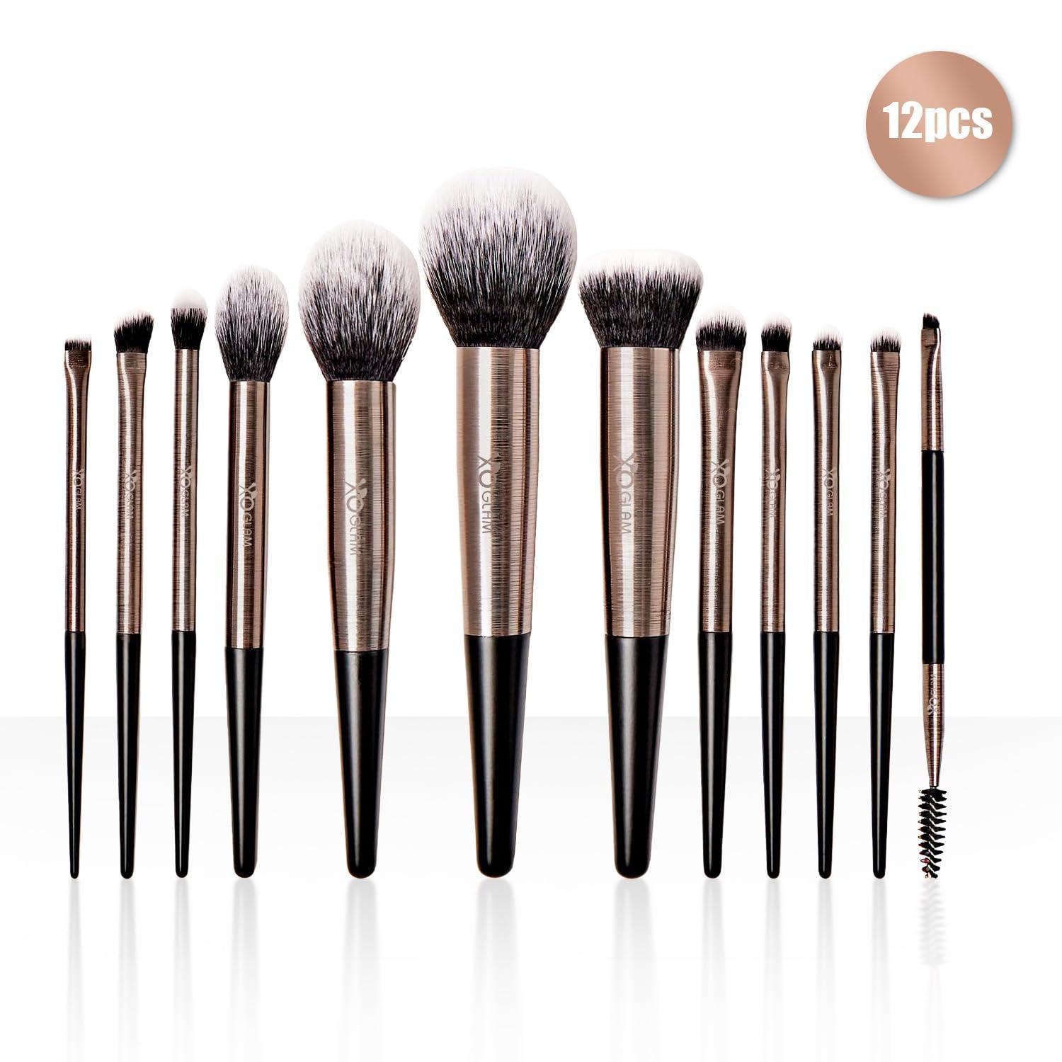 XO Glam XO Glam 12Pcs Classic XO Black Makeup Brush Set Premium Synthetic Blending Powder Concealer Contour Eyeliner Shader Eyeshadow Smudge Foundation Highlighter Make Up Brush Kit