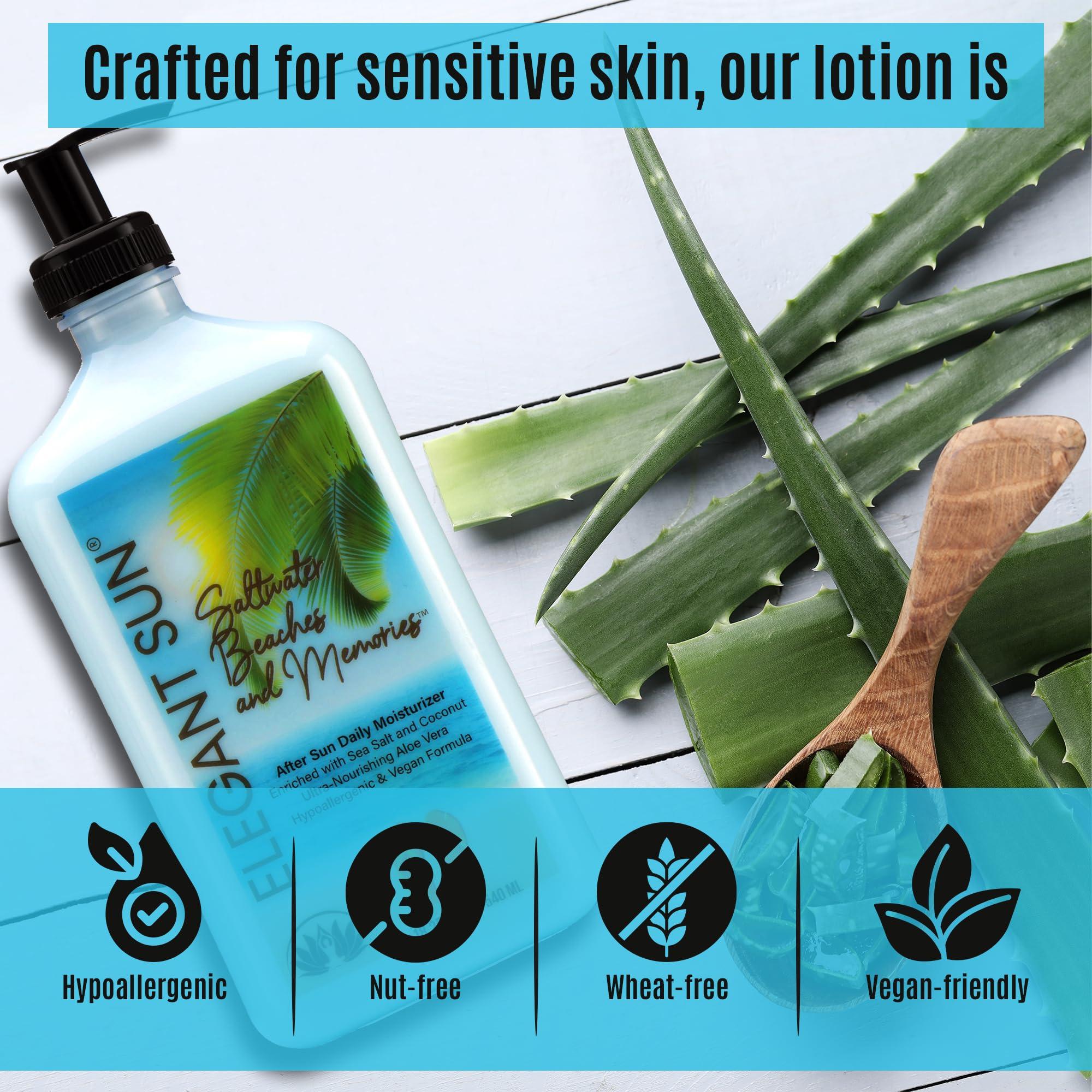 Elegant Sun Saltwater Beaches Tan Extender, After Sun Lotion or Tanning Bed Moisturizer, Aloe Vera Base, Hypoallergenic, Sensitive Skin Care Lotion for Men or Women, Unisex Fresh Scent, Elegant Sun