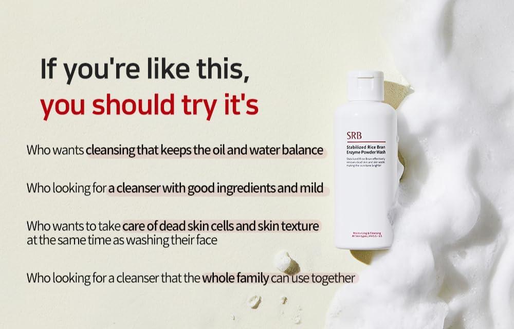 SRB SRB Stabilized Rice Bran Enzyme Powder Wash - Exfoliating Face Wash with Enzymes for Sensitive and Acne Skin - Hydrating Collagen Rice Cleansing Powder (2.46oz)