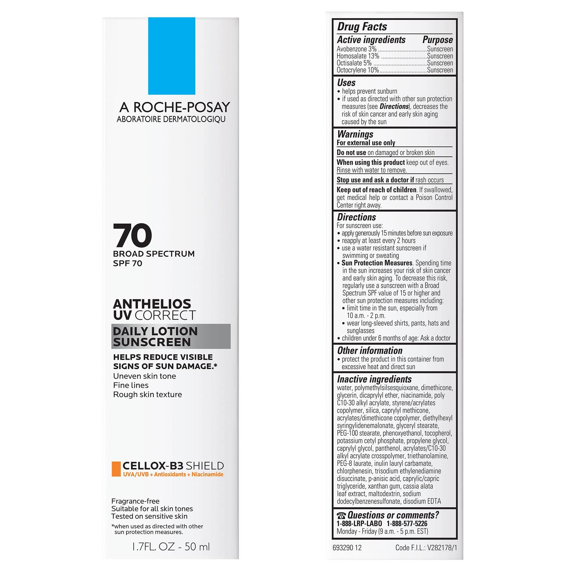 La Roche-Posay La Roche-Posay Anthelios UV Correct Sunscreen Moisturizer SPF 70, Daily Anti-Aging Face Moisturizer with Niacinamide to Even Skin Tone & Fine Lines, Sun Protection for Sensitive Skin