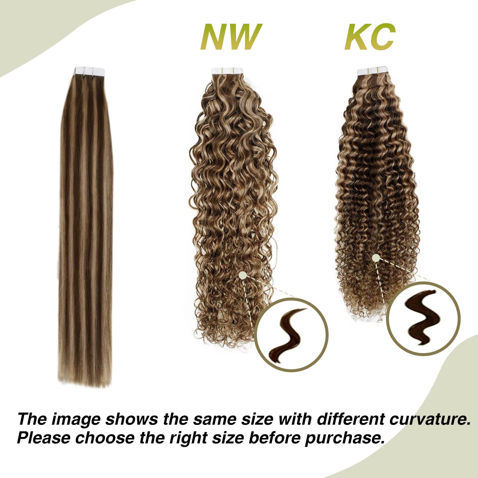 Easyouth Curly Tape in Hair Extensions Blonde Highlights Medium Brown Mixed Honey Blonde Tape on Hair Extension Human Hair Natural Curly Hair Extensions Tape ins for Women 14Inch 50g 20Pcs