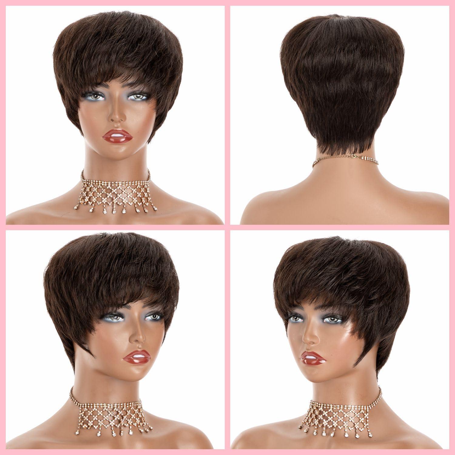 Lovenea Lovenea Human Hair Short Wigs for Black Women Straight Pixie Cut Short Human Hair Wigs with Scalp Top for Black Women Straight Hairstyles Layered Short Wig Pixie With Bangs (Pixie-Natural Black)