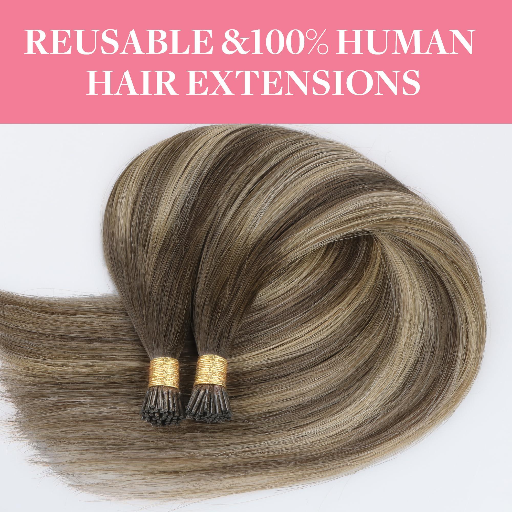 GOO GOO GOO GOO I Tip Hair Extensions Real Human Hair, 14inch 50g 100S, Cold Fusion I Tip Hair Extensions, Invisible Remy Hair Extensions, 4/26/4 Balayage Chocolate Brown to Honey Blonde