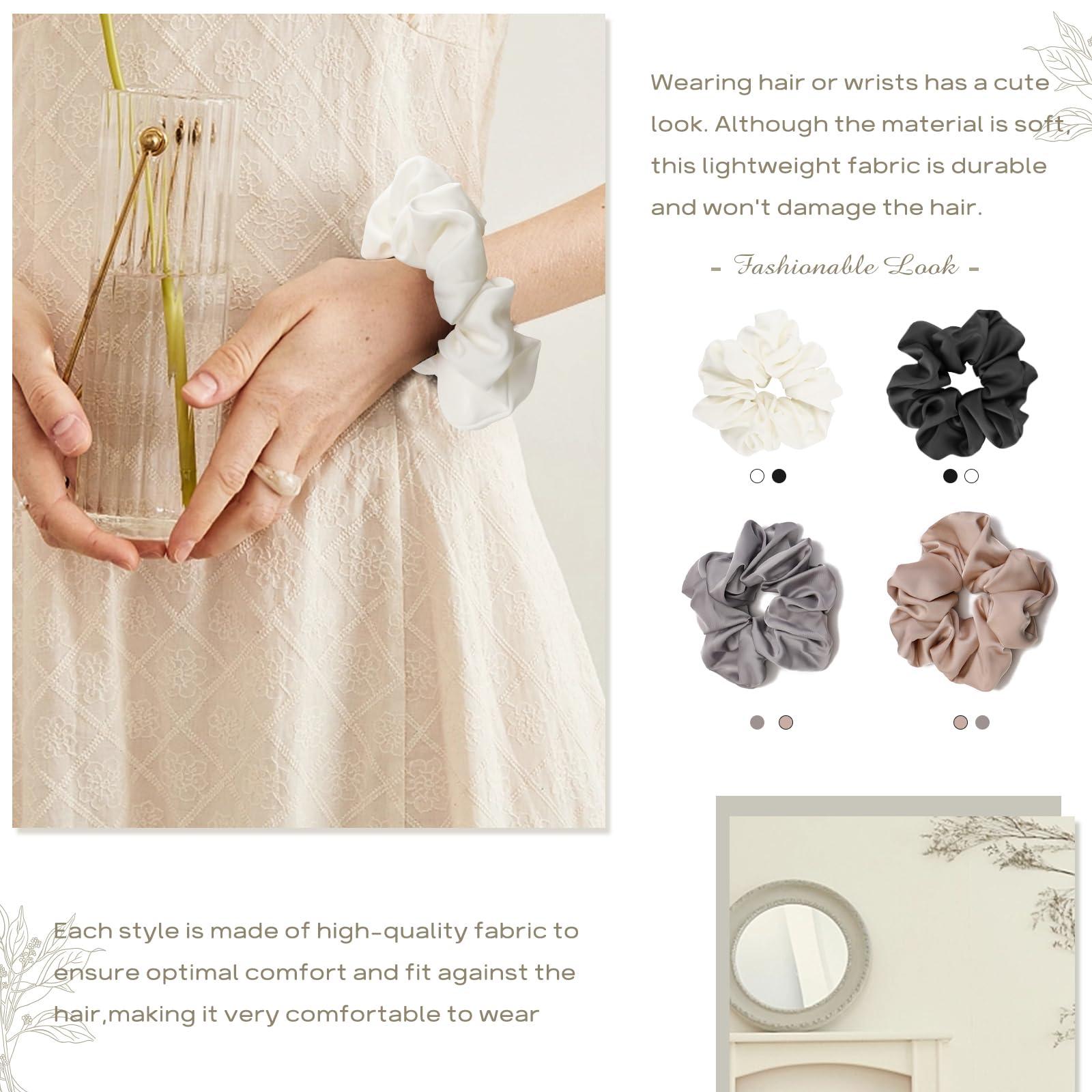 Helamvly 4PCS Large Satin Silk Scrunchies for Women - Big Glossy Scrunchie for Thick Hair Girl Hair Ties Ponytail Holders Jumbo Scrunchies (Black White Silver Champagne)