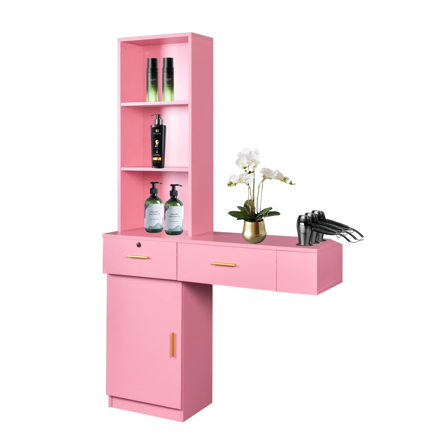 MTFY MTFY Wall Mount Barber Station Cabinet, Modern Hair Styling Salon Cabinet Storage Organizer Hair Salon Spa Equipment Barber Stations with Locking Drawer, 3 Shelves and 3 Hairdryer