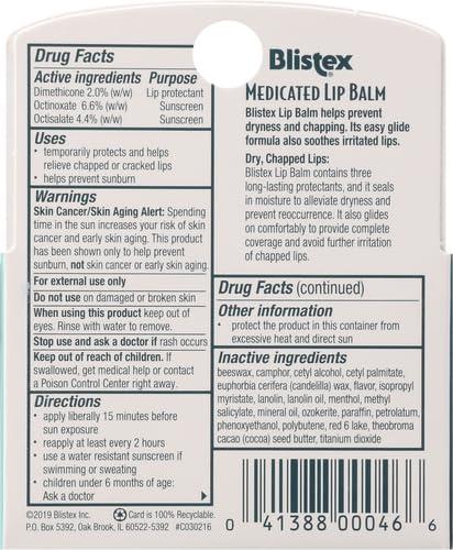 Blistex Blistex Medicated Lip Balm, 0.15 Ounce, 3 Count (Pack of 2) Prevent Dryness & Chapping, SPF 15 Sun Protection, Seals in Moisture, Hydrating Lip Balm, Easy Glide Formula for Full Coverage