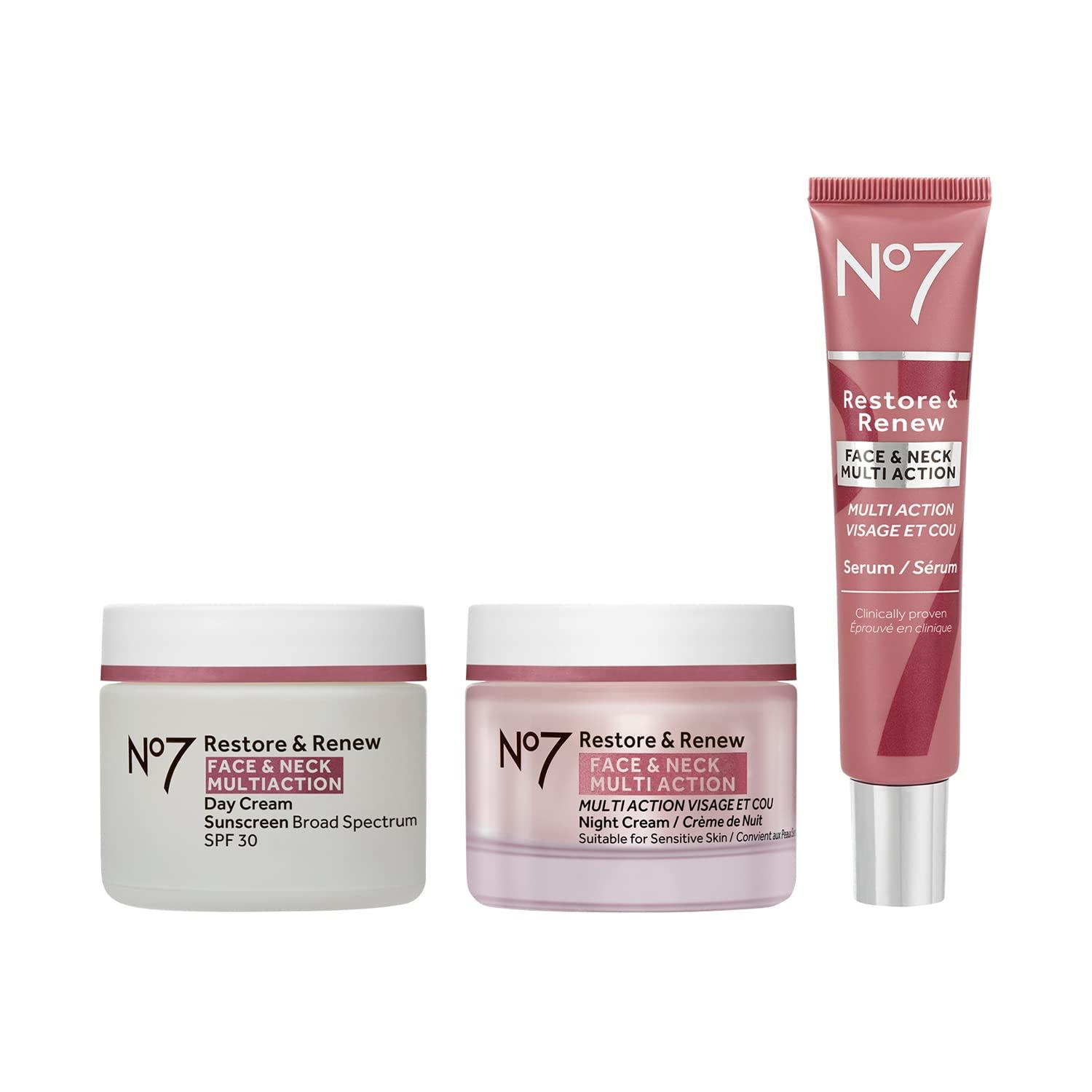 No7 No7 Restore & Renew Face & Neck Multi Action Skincare System - SPF 30 Day Cream with Vitamin C & Collagen Peptides + Anti Aging Facial Serum + Hyaluronic Acid Hydrating Night Cream (3 Piece Kit)