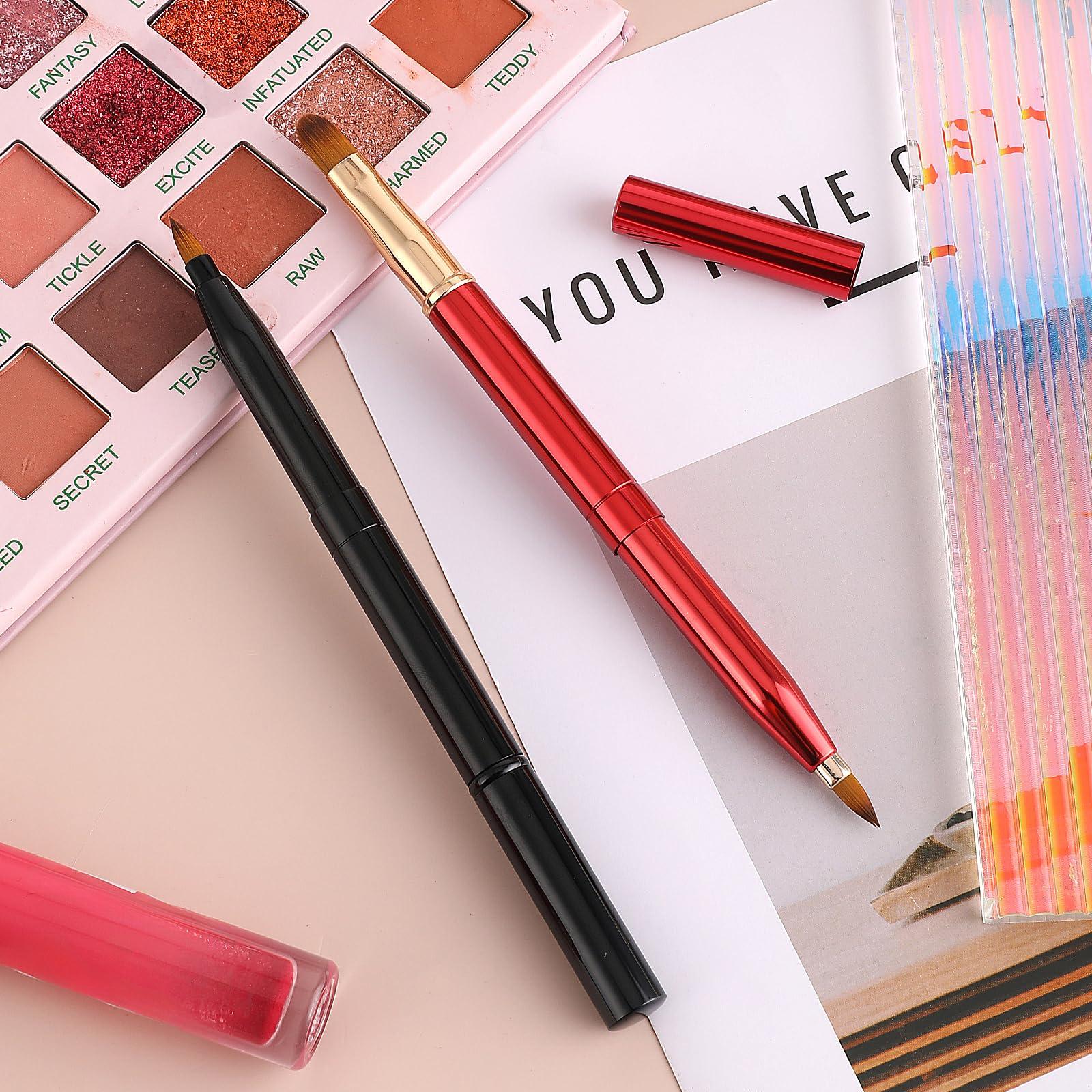 Sliverdew 2 Pack Retractable Lip Brush for Lipstick with Cap, Double-Ended Lip Makeup Brushes Retractable Lip Gloss Lipstick Brush Applicator Travel Black Red