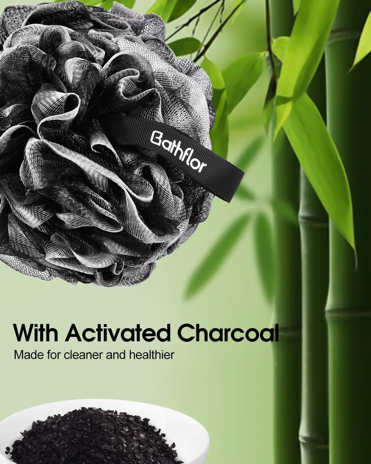 Bathflor Loofah Sponge, 80g Loofahs for Men Women, 5-in-1 Large Shower Loofah Exfoliating Body Scrubber, 2 Bath Sponge Loofa Packs, 2 Loofah with Handle Body Wash Back Scrubber, 1 Luffa Hook, Black