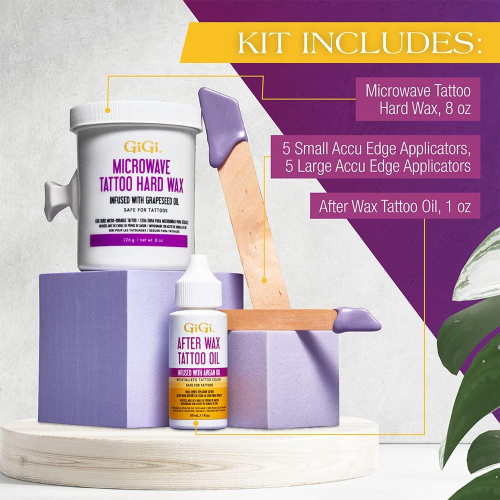 GiGi GiGi Microwave Tattoo Hard Wax Kit - Hair Removal Wax for Sensitive Skin & Tattoos, Includes After Wax Oil & Applicators, 8 oz