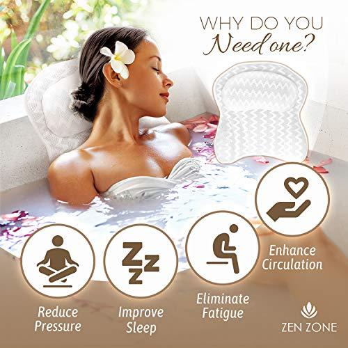 Zen Zone Luxurious Bath Pillow for Tub – Ergonomic Bath Pillow for Neck and Back Support – Bathtub Cushion for a Clean - Breathable Comfort 3D Quilted Mesh – Air Mesh Technology Supports Joints (White)