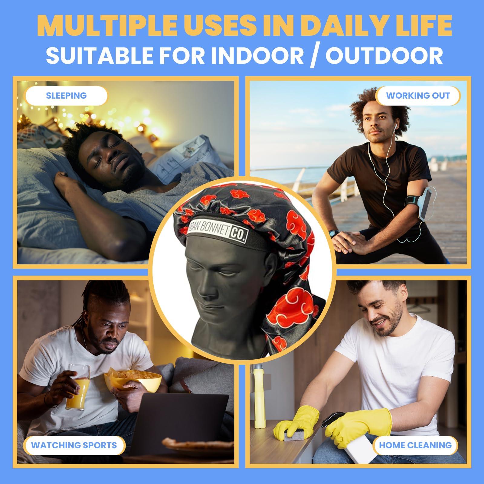 Urban Bonnet Co. Premium Hair Bonnet for Men Satin Bonnet Curly Hair & Dreadlocks Wrap Silk Bonnet Double Layer Sleeping & Shower Cap Anime Bonnet Soft Band (Carolina Blue)