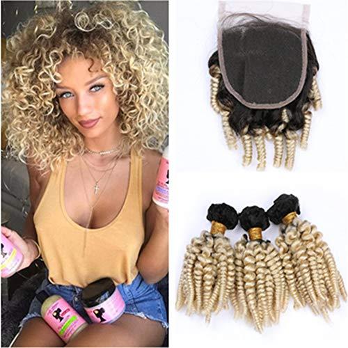 Generic #1B/613 Ombre Aunty Funmi Hair Bundles with Closure Blonde Ombre Bouncy Curly Brazilian Human Hair 3 Bundles with Closure Funmi Curly Ombre Blonde Lace Closure 4x4 with Weaves (26 26 26 with 24)