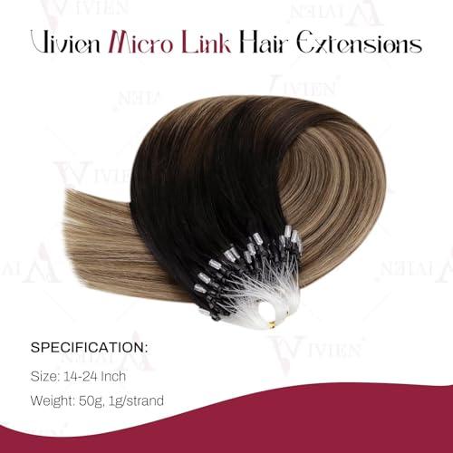 Vivien Vivien Micro Loop Hair Extensions Human Hair Ombre Micro Ring Hair Extensions Real Human Hair Natural Black to Brwon with Ash Blonde Micro Bead Human Hair Extensions 14 Inch 50G/50S