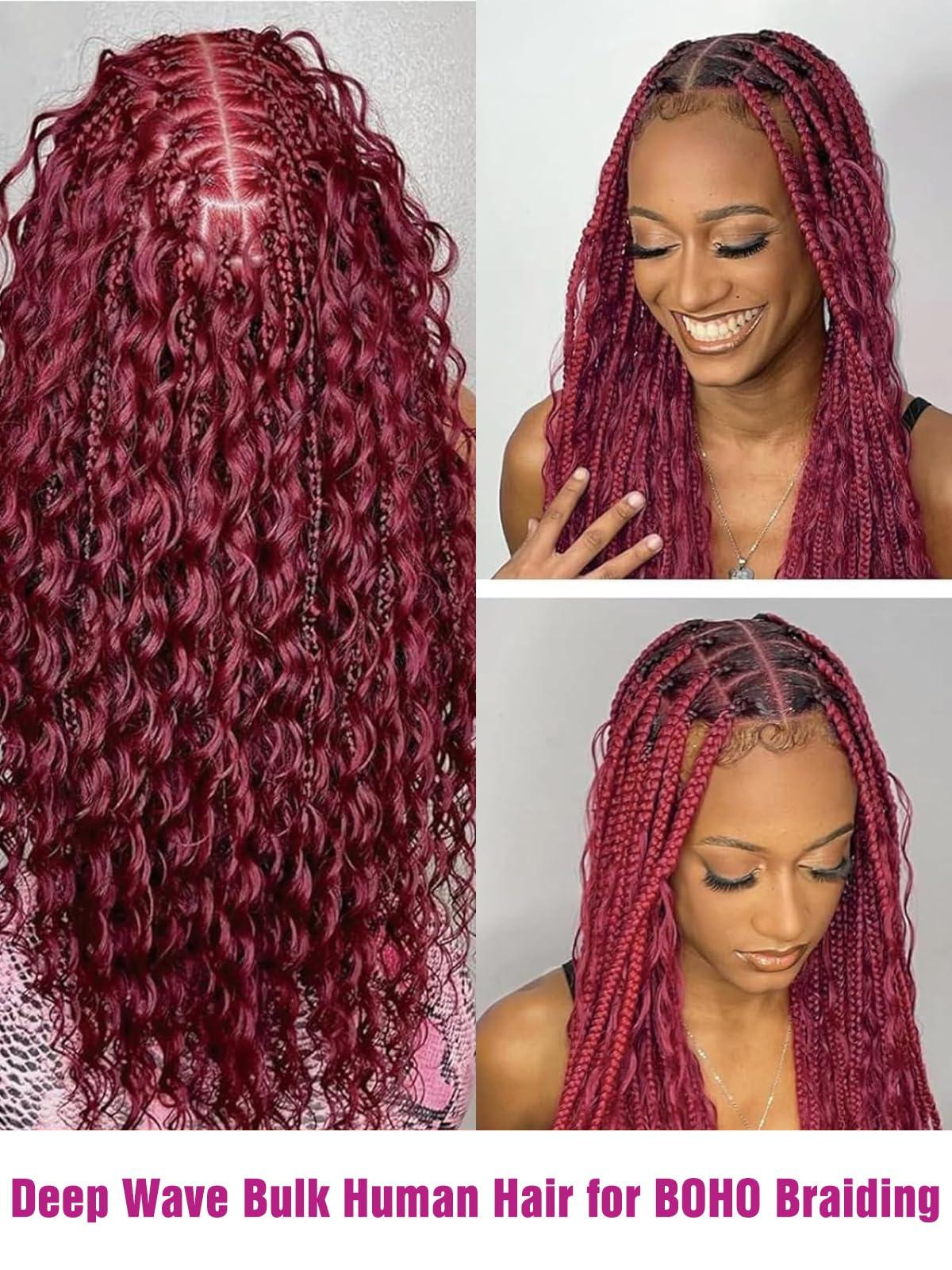 CLong 99J Burgundy Human Braiding Hair Deep Wave Bulk Human Hair for Braiding, No Weft Curly Braiding Hair Extensions for Boho Braids Wet and Wavy Braiding Human Hair Bundles(22inch,99j,100g)