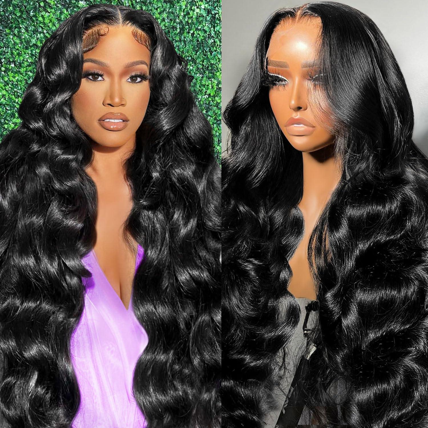 Falote 26 Inch Body Wave Lace Front Wigs Human Hair Pre Plucked 13x4 HD Transparent Lace Frontal Wigs Human Hair 180% Density Glueless Brazilian Virgin Human Hair Wig for Women With Baby Hair Natural Black