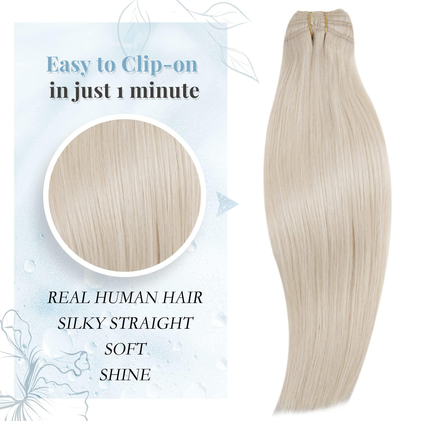 RUNATURE Blonde Hair Extensions Clip in Human Hair Highlighted Platinum Blonde Real Clip in Human Hair Extensions #18P60 and #60 14 Inch 105g