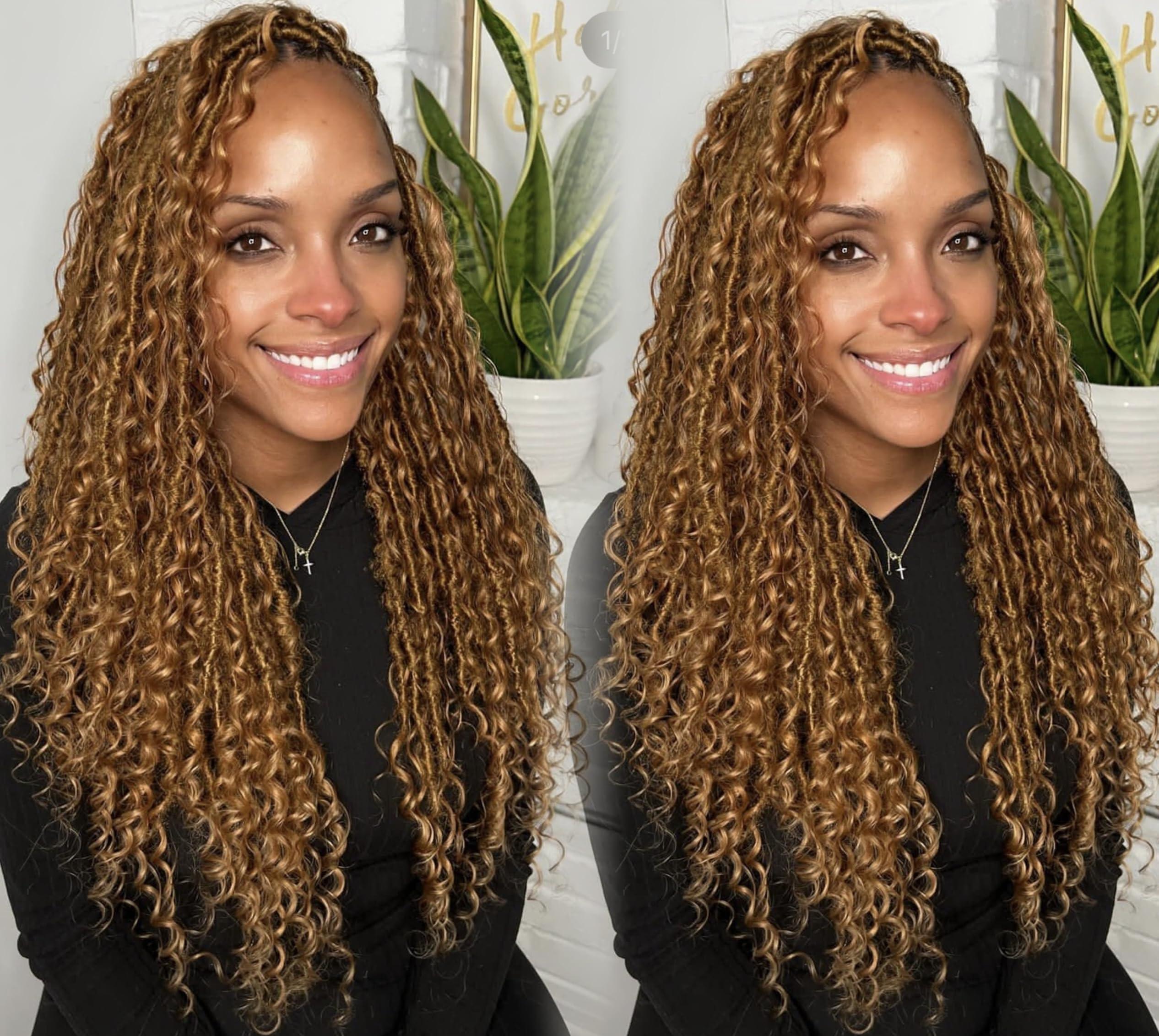 Limited Beauty Goddess Braids Locs Crochet Hair Light Auburn with Human Hair Curls Ends Crochet Pre looped Hair Brown Deep Wave Crochet Boho Locs Braiding Hair Crochet Hair For Black Women 26 Inch 72 Strands