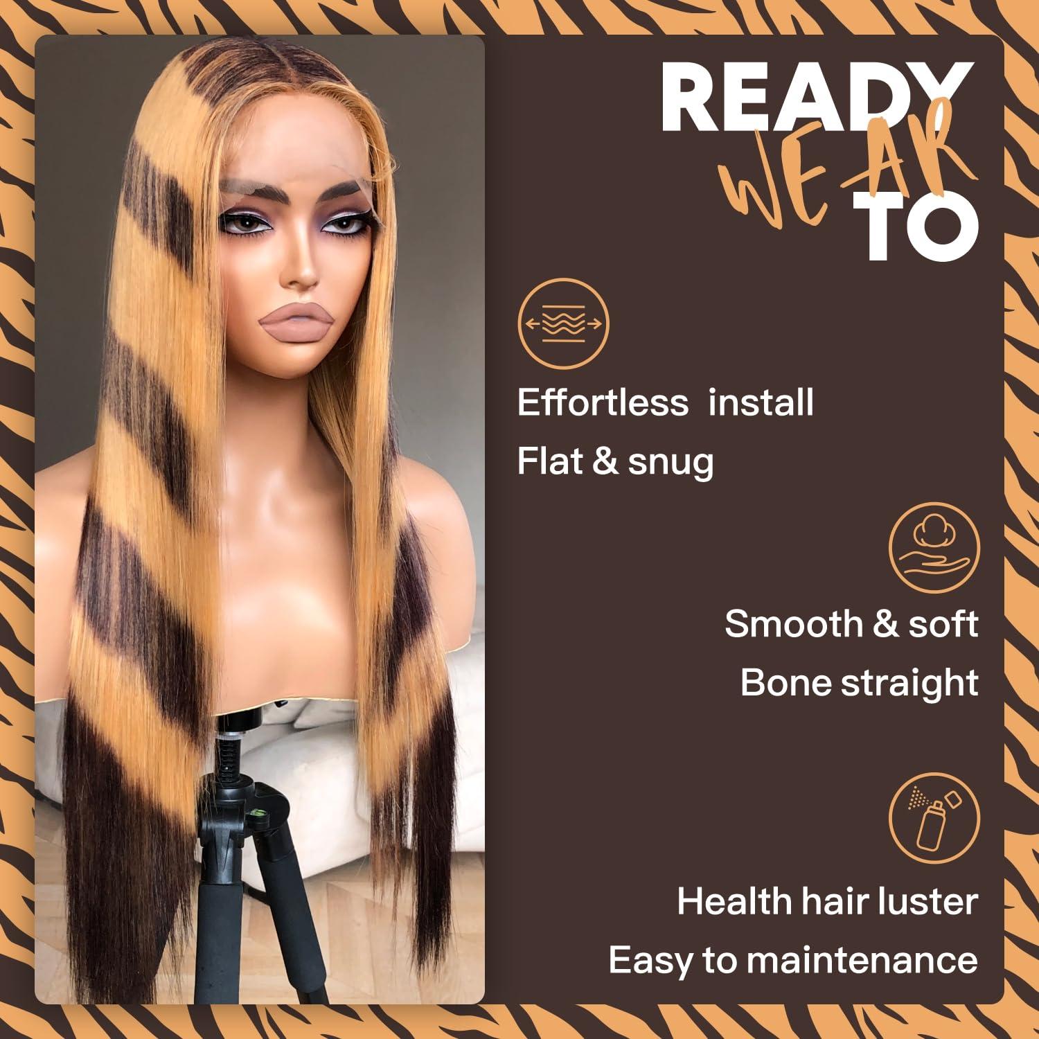 BrownBomb BrownBomb Raccoon Tail Wig Synthetic Lace Front Wig Animal Print Straight Wig, Blonde and Brown Stripes Wig Tiger Print, y2k Wig Raccoon Hair Wigs 26inch