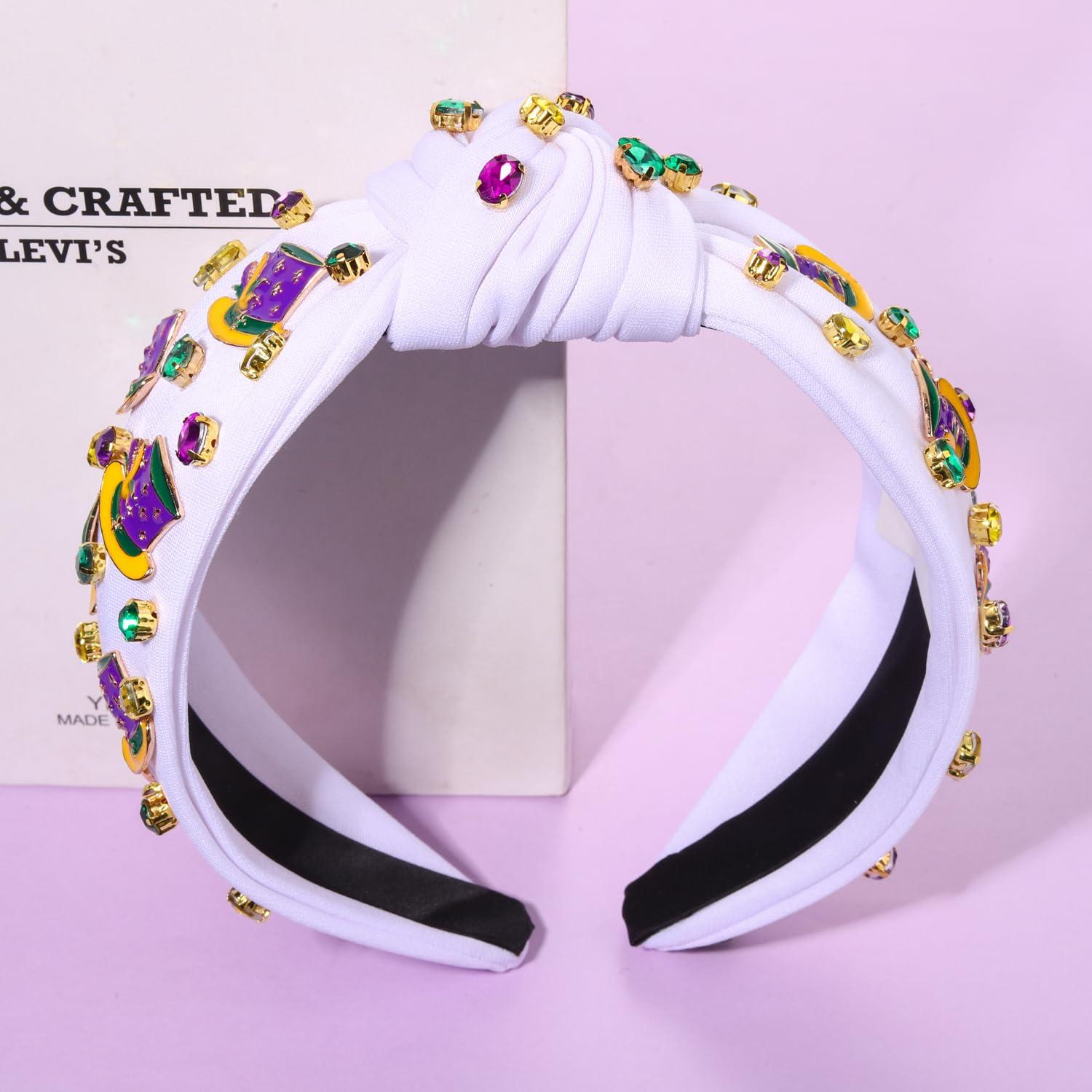 MOLOCH MOLOCH Mardi Gras Headband for Women Enamel Top Hat Knotted Headband Purple Yellow Green Carnival Crystal Headband Fat Tuesday Hair Accessories Gifts