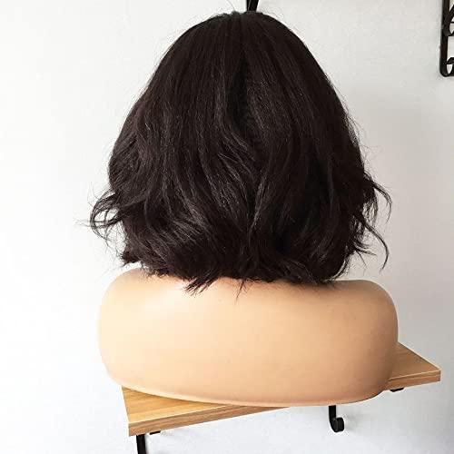 UMRHair 10inch Short Yaki Wavy Bob Human Hair Wig with Bangs 150% Density Short Cut Scalp Wig None Lace Italian Yaki Human Hair Wigs Glueless Wavy Black Bob Bangs Scalp Top Human Hair for Women