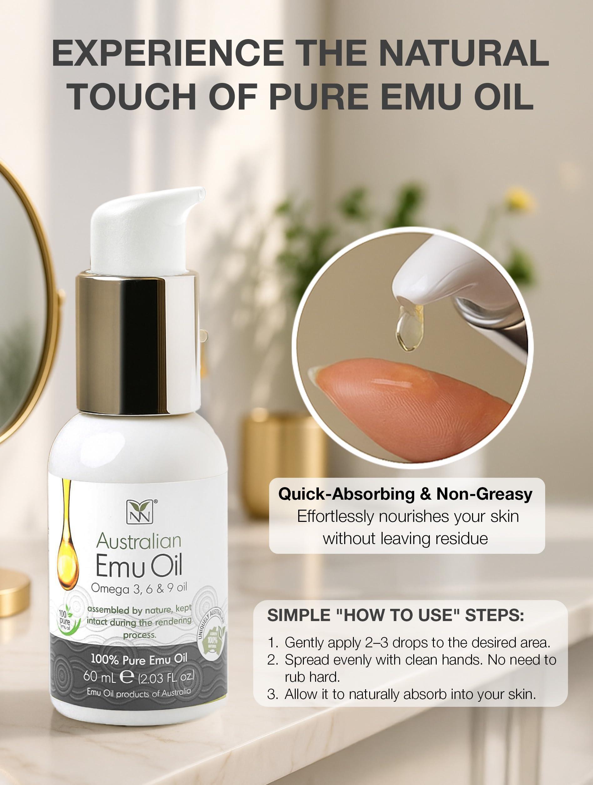 YNN Y-Not-Natural Emu Oil Skin Moisturizer - Scalp, Hair, Face, Body & Nail Moisturizer with Omega 3, 6, 9, Vitamins, & Minerals - Body & Face Serum for Fine Lines, Stretch Marks, Dry Lips & Cuticles - 60mL, Unscented