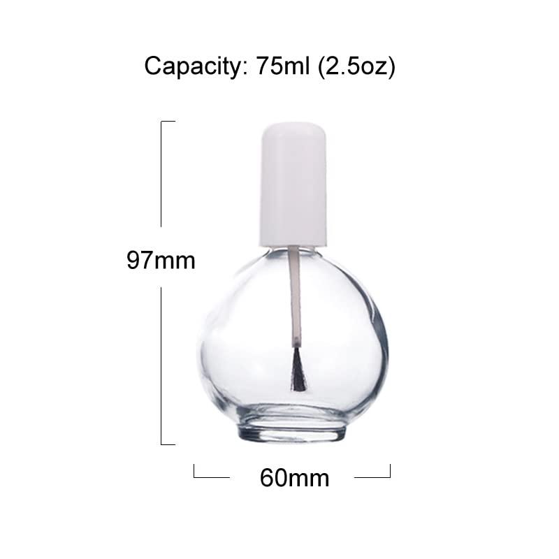 lasenersm 1 Piece Large Capacity 75ml (2.5oz) Empty Nail Polish Bottles with Brush Spherical Clear Glass Nail Polish Bottles Refillable Nail Polish Glass Bottles Containers for DIY Nail Art, White Lid