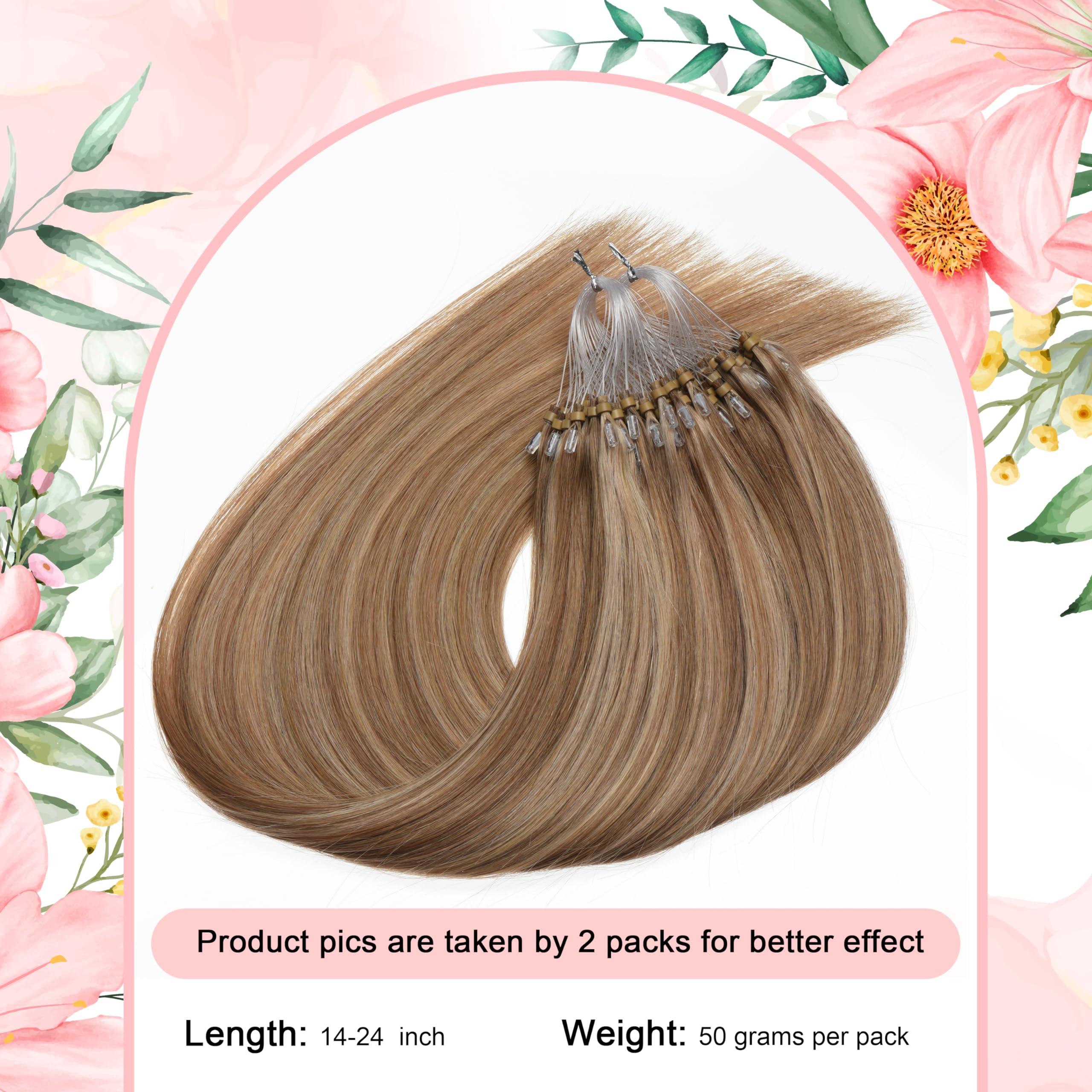 Kpvxxve Kpvxxve Micro Link Hair Extensions Human Hair #8/18 Ash Brown with Blonde Ombre Short Hair 14 Inch Micro Loop Human Hair Extensions 50g 1g/s Microbeads Hair