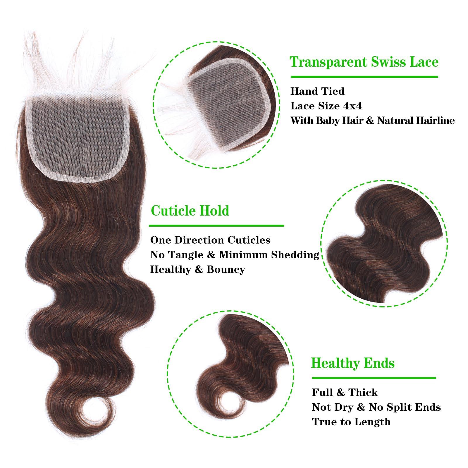 Kapelli Hair Kapelli Hair Brazilian Body Wave Bundles with Closure (12 14 16+12) 10A Light Brown Body Wave Human Hair Bundles with Lace Closure Brazilian Virgin Hair 3 Bundles with Lace Closure with Baby Hair