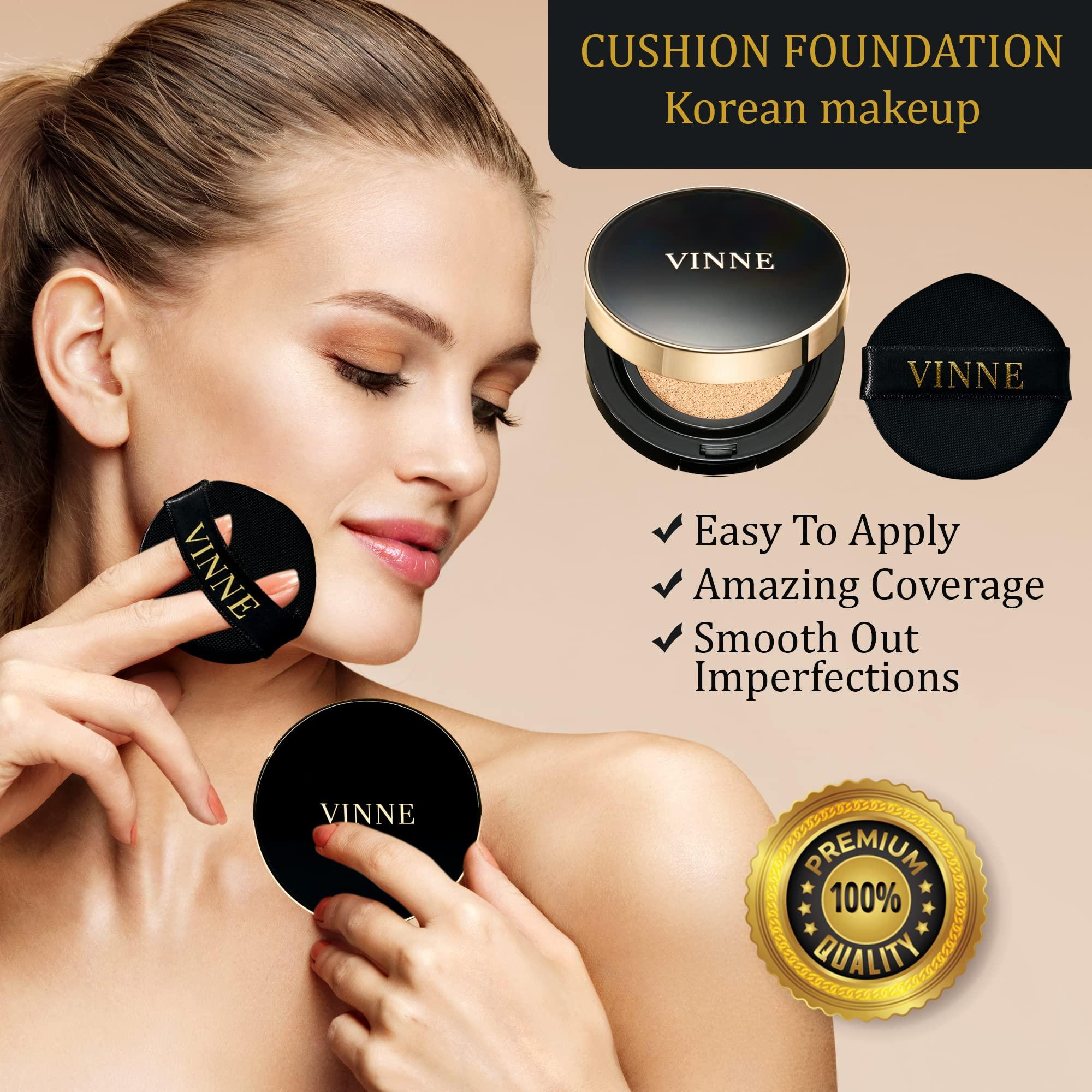VINNE VINNE Korean Cushion Foundation, Lightweight, Essence Makeup Natural and Dewy Finish, 12-Hour Lasting Effect, 0.42 Oz- #21 Light Beige (Refill Not Included)