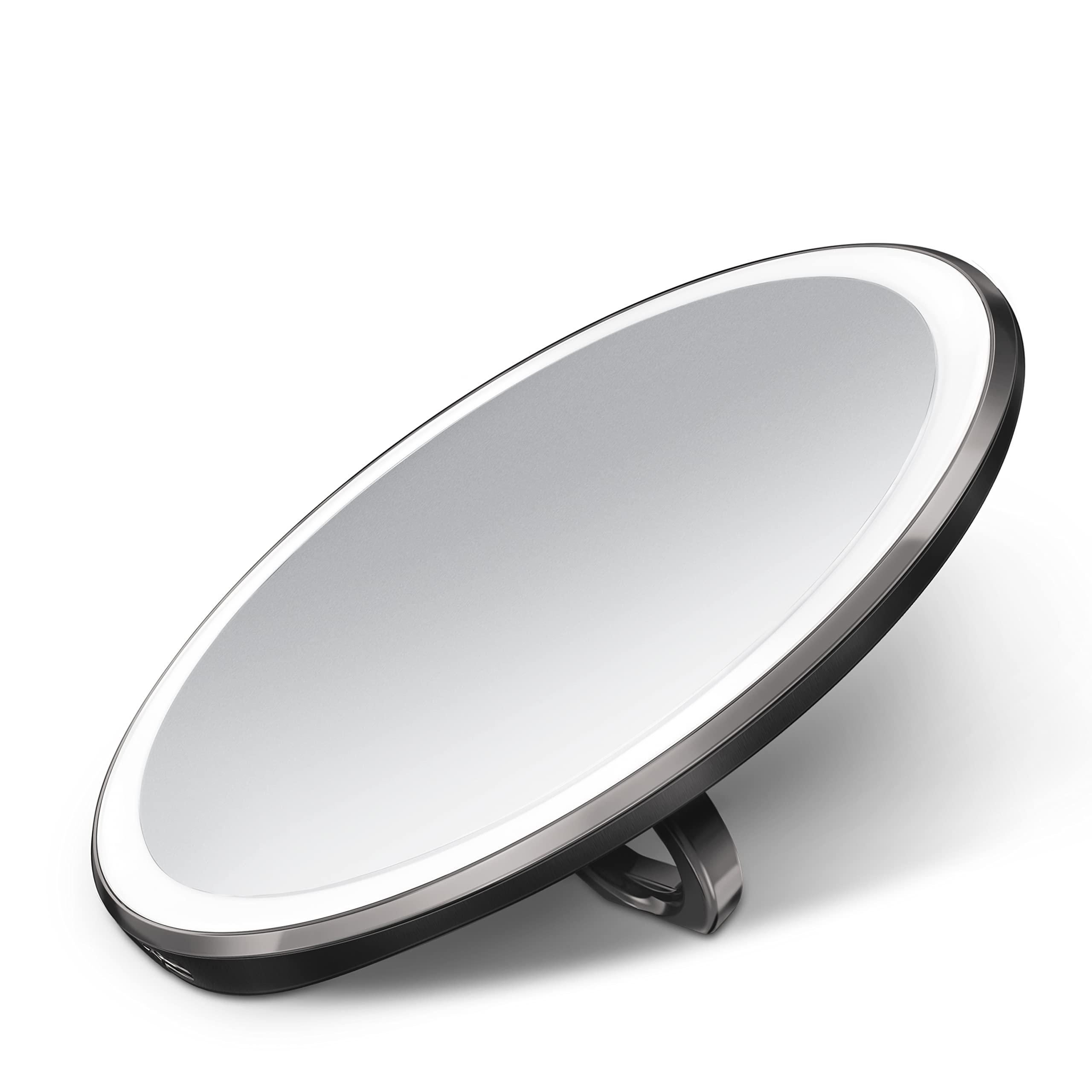 simplehuman simplehuman Sensor Mirror, Lighted Compact Makeup Magnifying Mirror with Light, Round, Travel Size, Black Stainless Steel