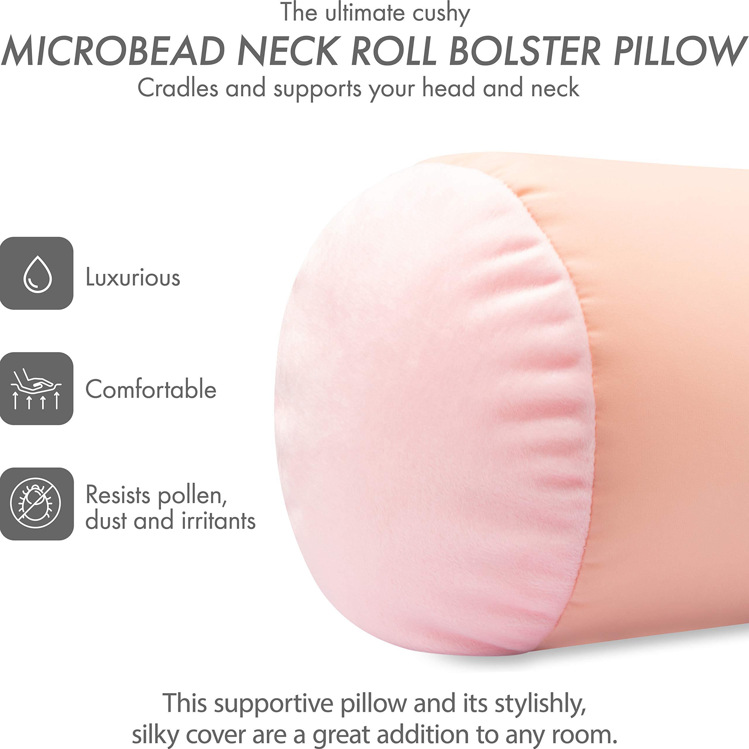 PILLOWY Microbead Bolster Neck Roll Pillow, Gently On Body, Head, Neck & Shoulders No Pain Rest, Relax Sleep - Silky Feel Prevent Wrinkles & Hair Breakage - Lightweight Cylinder Tube, 14" x 8", Cream Peach