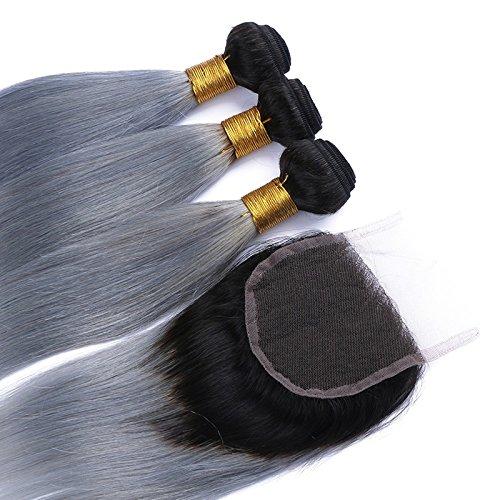 Ruma Hair Ruma Hair Dark Roots Silver Grey Ombre Virgin Hair Weave With Closure 4Pcs Lot Two Tone 1B Grey Ombre Human Hair 3 Bundles With 1Pc Straight 4x4 Lace Top Closure (20 with 22 24 26)
