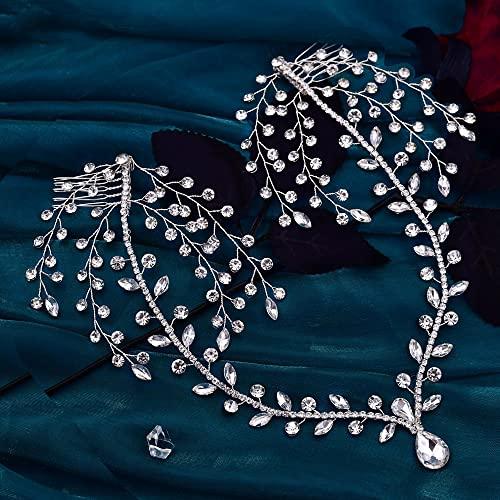 Generic Rannyrena Bridal Rhinestone Headband with Side Combs Sparkling Crystal Forehead Teardrop Head Chain Wedding Hair Accessories for Women (Silver)
