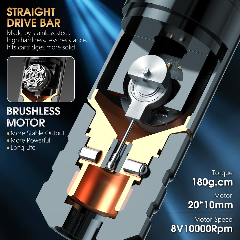 Ambition Ambition Ninja Plus Wireless Tattoo Machine - Rotary Cartridge Tattoo Gun with 2000mAh Power LCD Digital Display Brushless Motor Straight Drive Bar Tattoo Equipment for Tattoo Artists